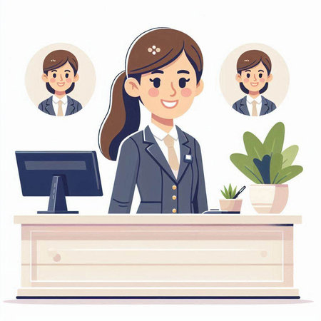 Businesswoman at the reception desk. Vector illustration in cartoon style.のイラスト素材