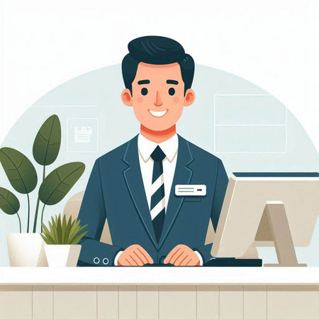 Businessman at office desk. Vector illustration in flat cartoon style.のイラスト素材