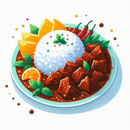 Illustration of a bowl of Chinese beef stew with rice, orange and pepperのイラスト素材