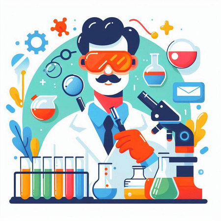 Scientist in lab coat and glasses working with microscope and test tubes. Vector flat illustrationのイラスト素材