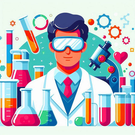 Scientist in chemical laboratory. Vector illustration in flat design style.のイラスト素材