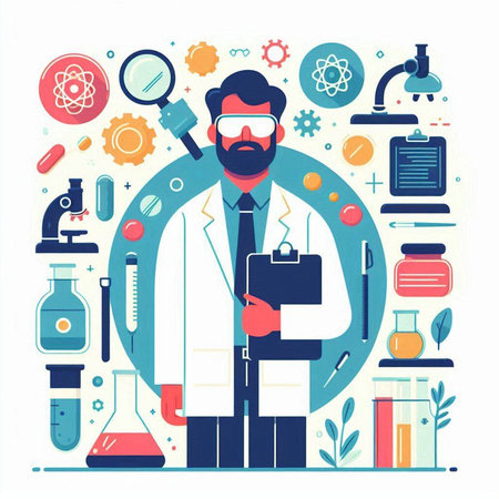 Scientist in laboratory. Vector flat illustration. Science and research concept.のイラスト素材