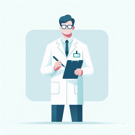 Doctor in white coat and glasses writing on clipboard. Vector illustration.のイラスト素材