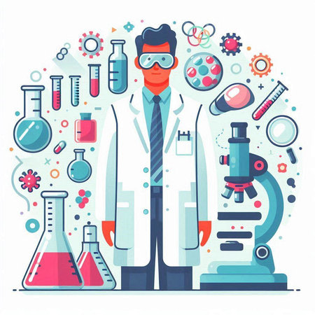 Scientist in laboratory. Vector illustration in flat cartoon style. Isolated on white background.のイラスト素材