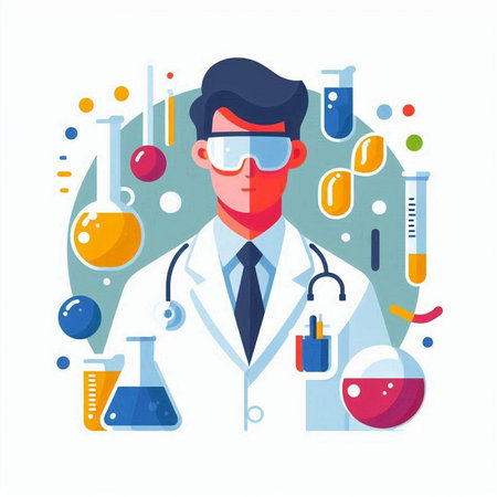 Scientist in laboratory. Vector illustration in flat style. Scientist with equipment in the laboratory.のイラスト素材
