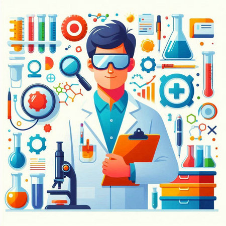 Scientist in laboratory. Vector illustration in flat style with icons.のイラスト素材