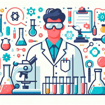 Scientist flat vector illustration. Science and chemistry background with laboratory equipment.のイラスト素材