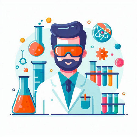 Scientist with equipment. Vector illustration in flat cartoon style on white background.のイラスト素材