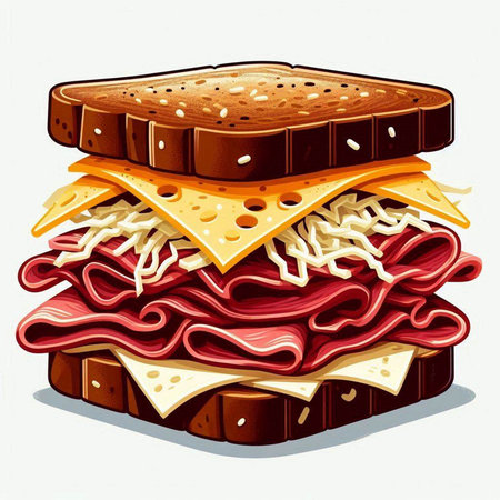 Sandwich with cheese, ham, tomato and salami. Vector illustration.のイラスト素材
