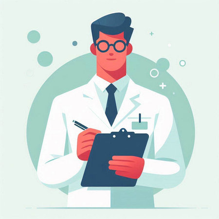 Male doctor in white coat and glasses writing on clipboard. Vector illustrationのイラスト素材