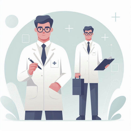 Two doctors in white coats. Vector illustration in a flat style.のイラスト素材