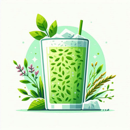 Green tea smoothie in a glass with a straw. Vector illustration.のイラスト素材