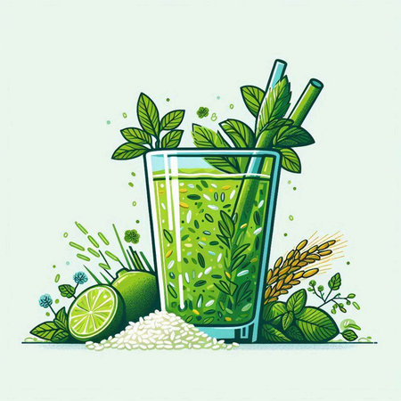 Green smoothie with lime and mint. Detox drink. Vector illustration.のイラスト素材