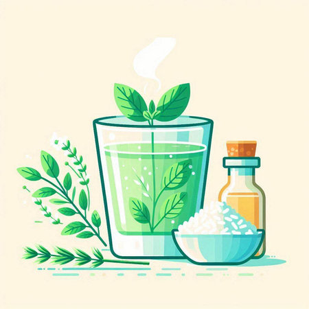 Herbal cosmetic concept. Herbal cream in a glass with herbs. Vector illustrationのイラスト素材