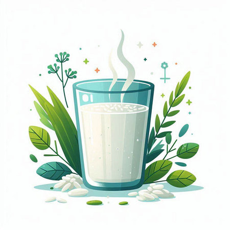 Vector illustration of a glass of milk on a white background with leaves.のイラスト素材