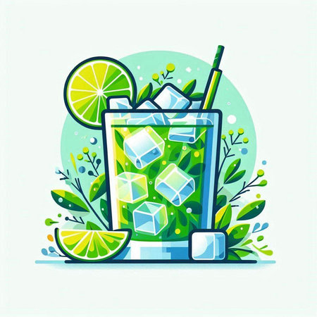 Cocktail with lime, ice and mint. Vector illustration.のイラスト素材