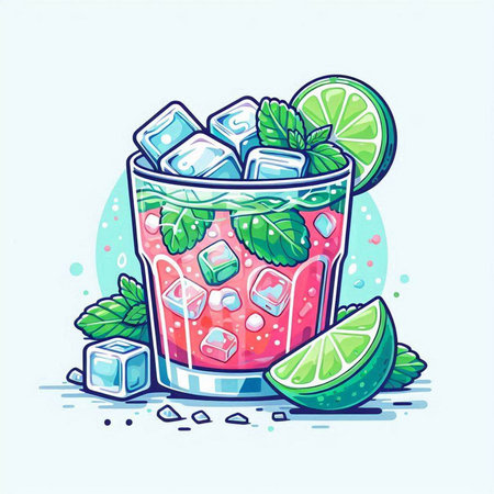 Vector illustration of a glass of strawberry mojito cocktail with lime, mint and ice cubes.のイラスト素材