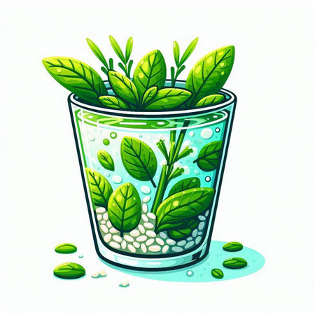 Illustration of a glass with green plants on a white background.のイラスト素材