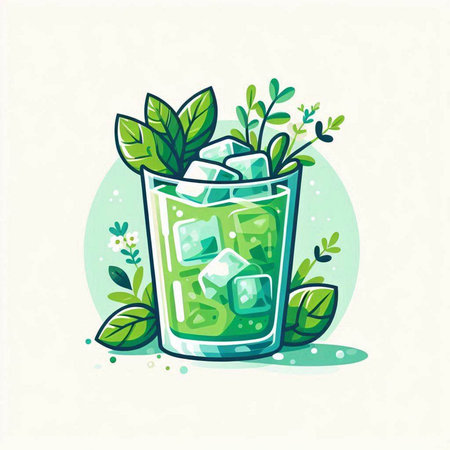 Cocktail with ice, mint leaves and mint. Vector illustration.のイラスト素材
