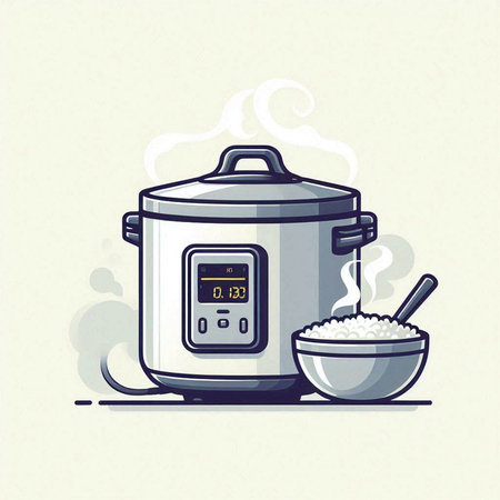 Vector illustration of a modern electric multi cooker and bowl of rice.のイラスト素材