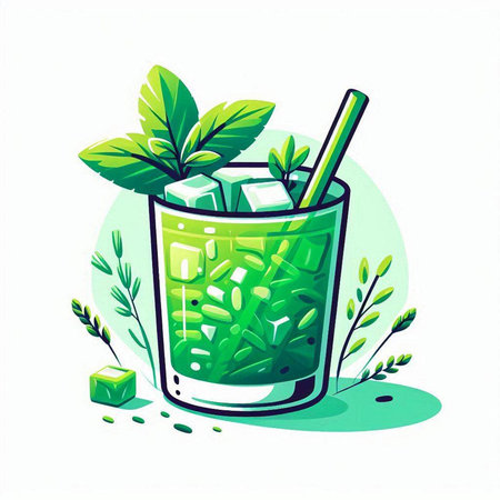 Mojito cocktail with ice cubes and mint leaves. Vector illustration.のイラスト素材