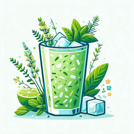 Cocktail with lime, mint, ice and flowers. Vector illustration.のイラスト素材