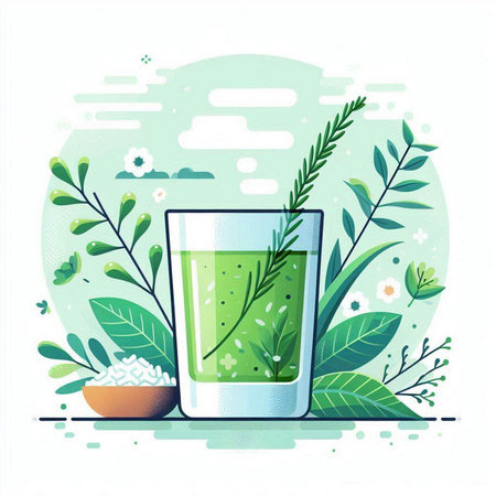 Vector illustration of a glass of green smoothie with herbs and flowers.のイラスト素材