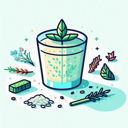 Vector illustration of a glass of smoothie with mint leaves, seeds and sugar.のイラスト素材