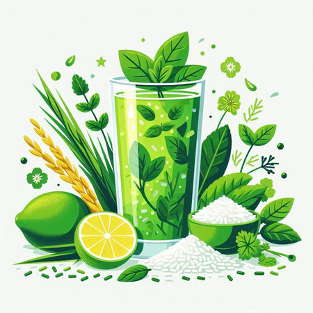 Vector illustration of green smoothie in glass with ingredients for healthy dietのイラスト素材
