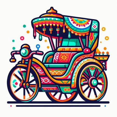Hand drawn vector illustration or drawing of a colorful Indian trishawのイラスト素材