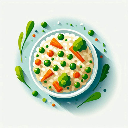 Risotto with green peas, carrots and peas. Vector illustration.のイラスト素材