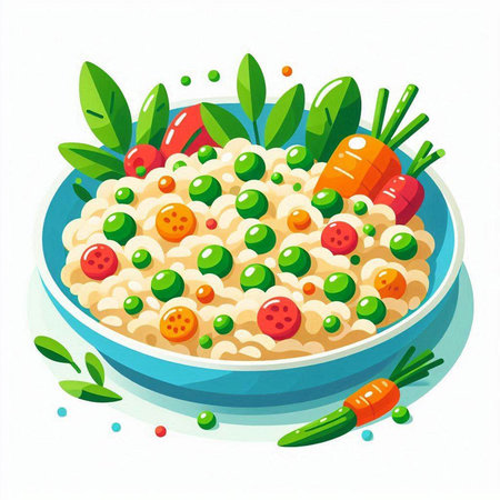 Rice porridge with vegetables in a bowl. Vector illustration.のイラスト素材