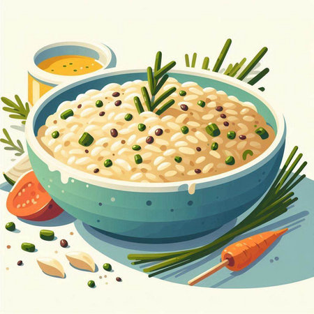 Risotto with vegetables and spices in a bowl. Vector illustration.のイラスト素材