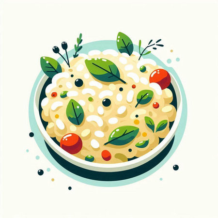Illustration of a bowl of risotto with basil and cherry tomatoesのイラスト素材