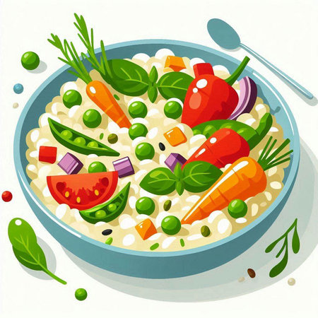Porridge with vegetables and herbs in a bowl. Vector illustration.のイラスト素材