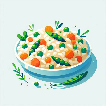 Illustration of a bowl of risotto with green peas and carrotsのイラスト素材