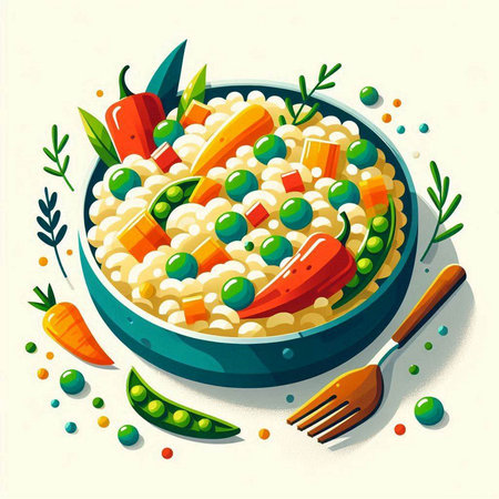 Risotto with green peas and carrots in a bowl. Vector illustration.のイラスト素材