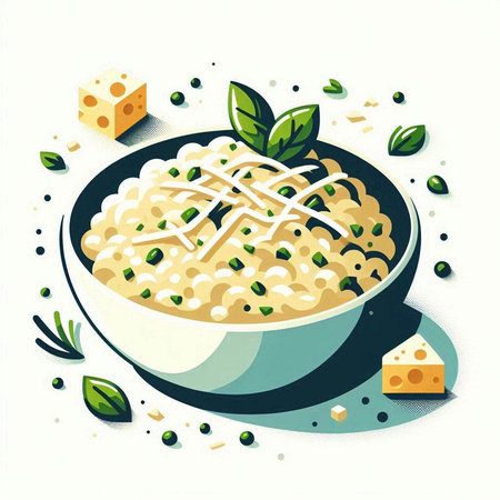 Illustration of a bowl of risotto with cheese and green peasのイラスト素材