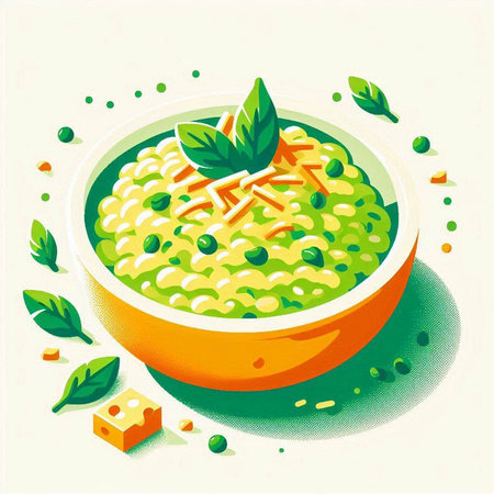 Illustration of a bowl of risotto with green peas and cheeseのイラスト素材