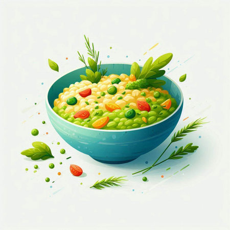 Illustration of a bowl of risotto with green peas, tomatoes and herbsのイラスト素材