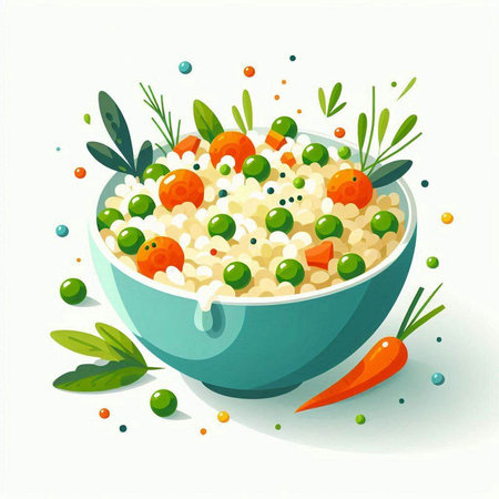 Millet porridge with vegetables and herbs in a bowl. Vector illustration.のイラスト素材