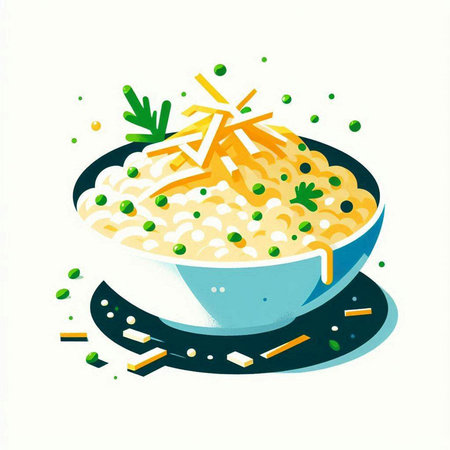 Illustration of a bowl of noodle with chopsticks and green peasのイラスト素材