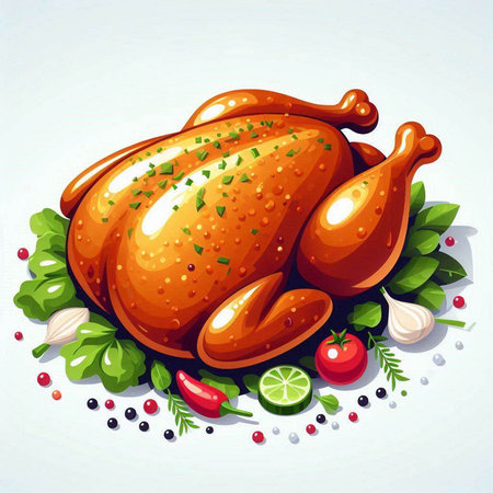 Illustration of a roasted turkey with spices and vegetables on a white backgroundのイラスト素材