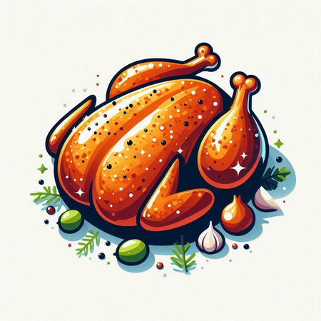 Vector illustration of roasted turkey with spices and herbs on white background.のイラスト素材