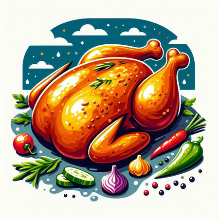 Roast chicken with vegetables and spices. Vector illustration in cartoon style.のイラスト素材