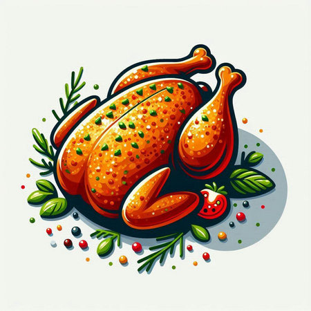 Roasted turkey with herbs and spices on white background. Vector illustration.のイラスト素材