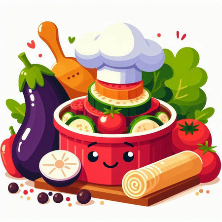 Vegetable salad in bowl with chef hat. Vector illustration.のイラスト素材