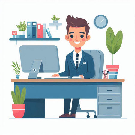 Young businessman working in office. Vector illustration in cartoon style. Businessman sitting at the desk.のイラスト素材
