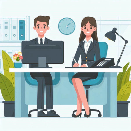 Businessman and businesswoman sitting at the desk in office. Vector illustrationのイラスト素材