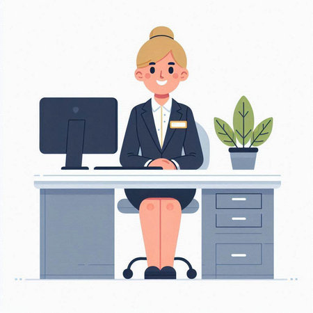 Business woman sitting at the desk in office. Flat vector illustration.のイラスト素材